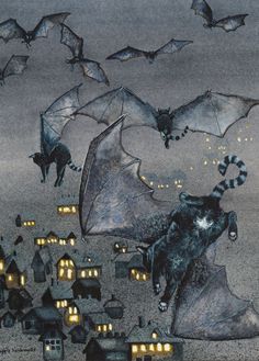 bats are flying over the town at night