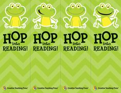 four frog bookmarks with the words hop into reading, readin'in front of them