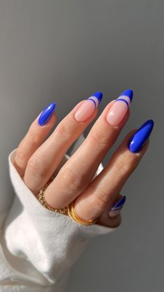 Blue Nails Almond Art Designs, Nails For A Trip To Europe, Acrylic Nails Designs Oval, May Almond Nails, March Nails Spring Almond, Gel X Nail Designs Blue, Blue Style Nails, Cute Acrylic Nail Designs For Summer, Cool Nail Designs Almond Shape