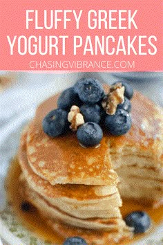 fluffy greek yogurt pancakes with blueberries and walnuts are the perfect breakfast or brunch