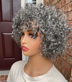 You have all been requesting an amazing salt and pepper wig i have it!! name - precious salt and pepper brazil curly mannequin wearing 8" 150% density cap size 21.5 to 22.5 Wig Cute, Alopecia Wig, Chemo Wig, Gray Wig, Cute Wigs, White Wig, Grey Wig, Salt And Pepper, Gifts For Mom