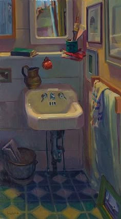 a painting of a bathroom with a sink and mirror on the wall next to a toilet