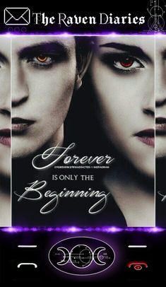 the twilight saga movie poster with red eyes and fangs on her face, as well as two