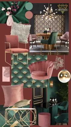 a collage of pink, green and gold furniture in an elegant dining room or living room