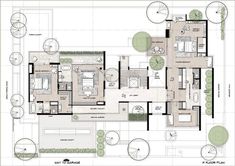 the floor plan for a house with lots of windows and trees in it, including an outdoor