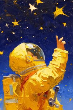 a painting of an astronaut waving to the stars