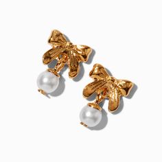 C LUXE by Claire's 18k Gold Plated Bow Pearl Drop Earrings Sensitive Ears Earrings, Piercing Kit, Word Bracelet, Jewelry Words, Fashionable Jewelry, Jewelry Images, Bow Earrings, Earring Sale, Jewelry And Accessories