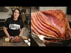 a woman standing in front of a ham on a pan and another photo of the ham being cooked