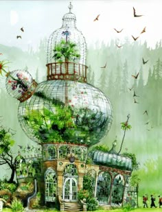 an artistic painting of a house surrounded by trees and birds in the air with a birdcage on top