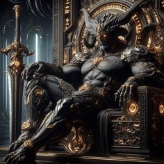 a statue sitting on top of a chair in front of a clock with gold accents