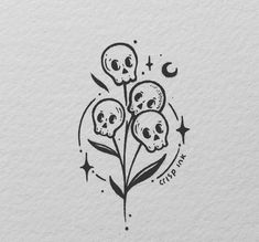 a drawing of three skulls on top of a flower