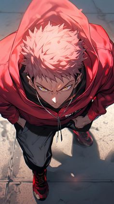 an anime character wearing a red hoodie with his eyes closed and hands on his hips