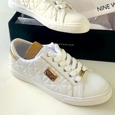 Nine West Lerisa Women’s Quilted Low Top Lace Up Sneakers White And Gold Size 9 New In Box. Box May Show Some Distress Due Storage And Shipping. Sneakers Are In Perfect Never Wear Condition. All My Items Are Stored In Non Smoking Or Pets Home. Thanks For Looking At My Items. These Sneakers Feature A Solid Pattern With Lace-Up Closure And Golden Details Including A Logo Accent. The Upper Material Is Made Of Quilted Synthetic Material For Durability And Comfort. These Sneakers Are Perfect For Walk Travel Shopping, Lace Up Sneakers, Low Top Sneakers, Pet Home, Nine West Shoes, Solid Pattern, Lace Tops, Sneakers White, Nine West