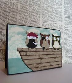 three owls sitting on top of a boat in the ocean with pirate hats and eye patch