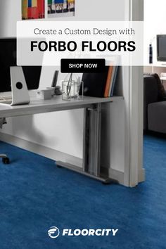 a room with blue carpet and furniture in the background text reads create a custom design with forbo floors shop now