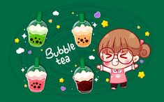 a girl with glasses standing in front of bubble teas and other drinks on a green background