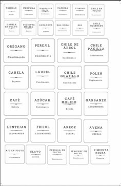 the labels for different types of food and drinks in black and white, with words on them