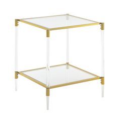 a gold and white glass side table with two shelves on each side, one shelf is empty