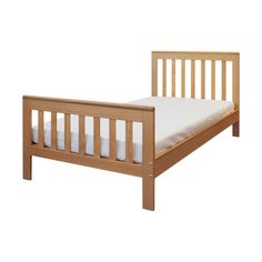 a wooden bed frame with white sheets on the top and bottom side, in front of a white background