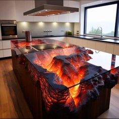 a kitchen island covered in fire and lava