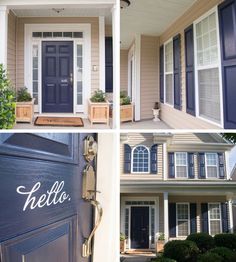 four pictures of different doors and windows with the words hello written in white on them