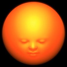 an orange sun with its eyes closed in front of a black background and the face of a child's head