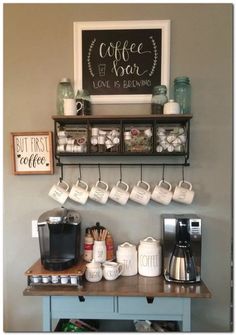 a coffee bar with cups and mugs on it