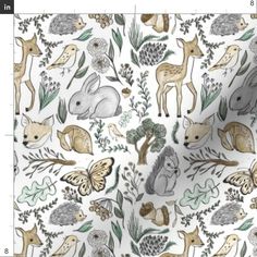 an animal themed wallpaper with many different animals and plants on white background, including deers