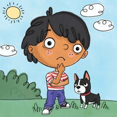 a boy standing next to a small dog on a field with clouds in the sky