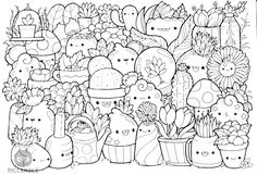 a black and white drawing of many different kinds of cactuses in potted plants