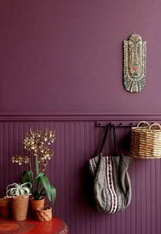 two purses are hanging on the wall next to some potted plants and baskets