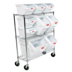 three shelves with bins and wheels on each side, one is filled with plastic containers