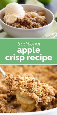 an apple crisp recipe in a bowl with ice cream on top