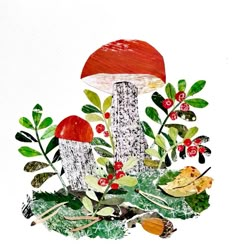 a painting of mushrooms and leaves on a white background