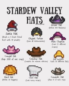 the stardew valley hat chart is shown with different hats and colors on it