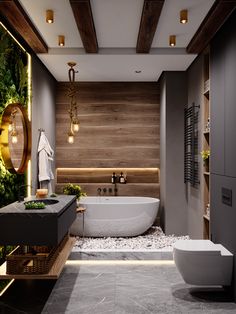 a bathroom with a large tub, sink and toilet in it next to a wooden paneled wall