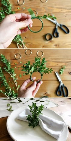 someone is making a wreath out of greenery and some scissors on the table next to it