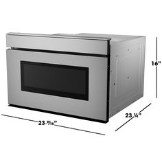 an image of a stainless steel microwave with measurements for the door and side panels on it