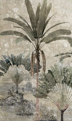 an abstract painting of palm trees and other tropical plants in shades of grey, green, beige and black