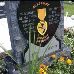 a memorial stone with flowers in the foreground and an inscription on it that says agent orange