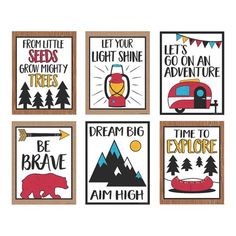 four posters with different sayings on them, each featuring an image of a camper and