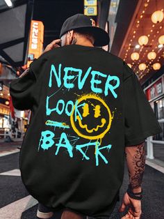 Black Casual Collar Short Sleeve Knitted Fabric Cartoon,Slogan  Embellished Slight Stretch Summer Men Clothing Cool Mens T Shirts, Graffiti Shirts Design, Street Tshirt, Streetwear Tshirts, Aesthetic Hoodies, T-shirt Print Design, Tshirt Streetwear, Cool Shirt Designs, Trendy Shirt Designs