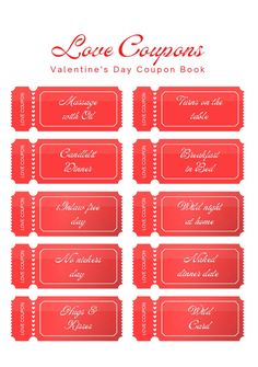 love coupons valentine's day coupon book is shown in red and white