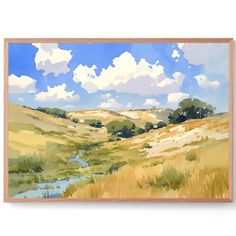 a painting of a grassy field with clouds in the sky and water running through it