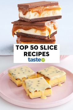 the top 50 slice desserts are on pink plates