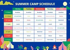 a summer camp schedule with tents and trees