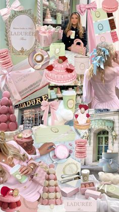 a collage of pink and green items including cakes, cupcakes, hats, and other things