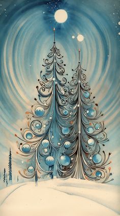 a painting of a christmas tree in the snow with blue and white swirls on it