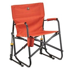 an orange folding chair with wheels on it