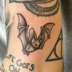 a bat with the words life goes on and an image of a hogwarts symbol